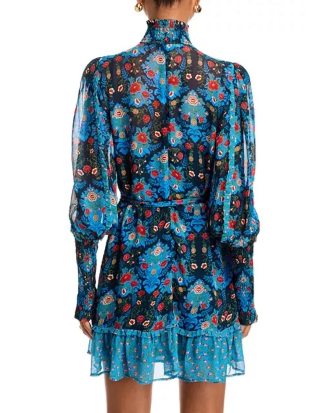 NWT FARM Rio Blue Floral Belted Turtleneck Mini Dress - Picture 2 of 3